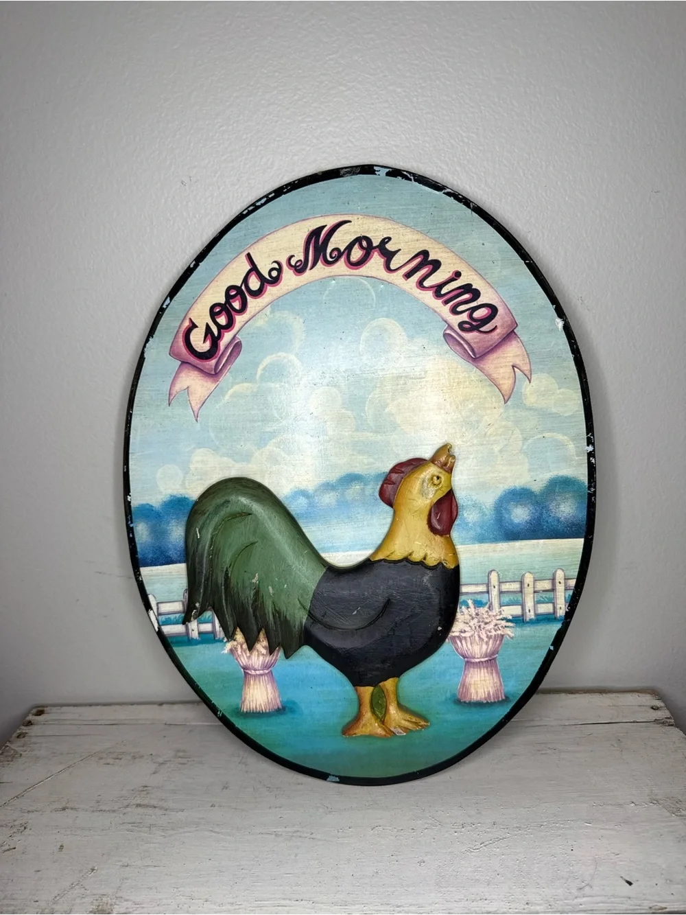 Good Morning Rooster Wall Plaque - Green, Black, Yellow